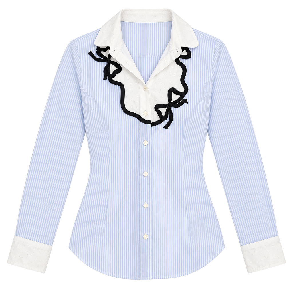 Weekend Max Mara Blue White Striped Bow Blouse US 6 Cotton Button Down Shirt 1
