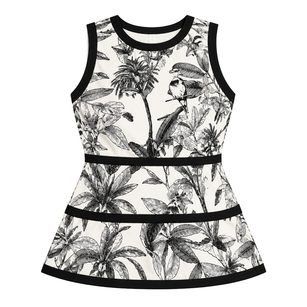 Worthington Tropical Bird Print Peplum Top L Black White Sleeveless Botanical 1