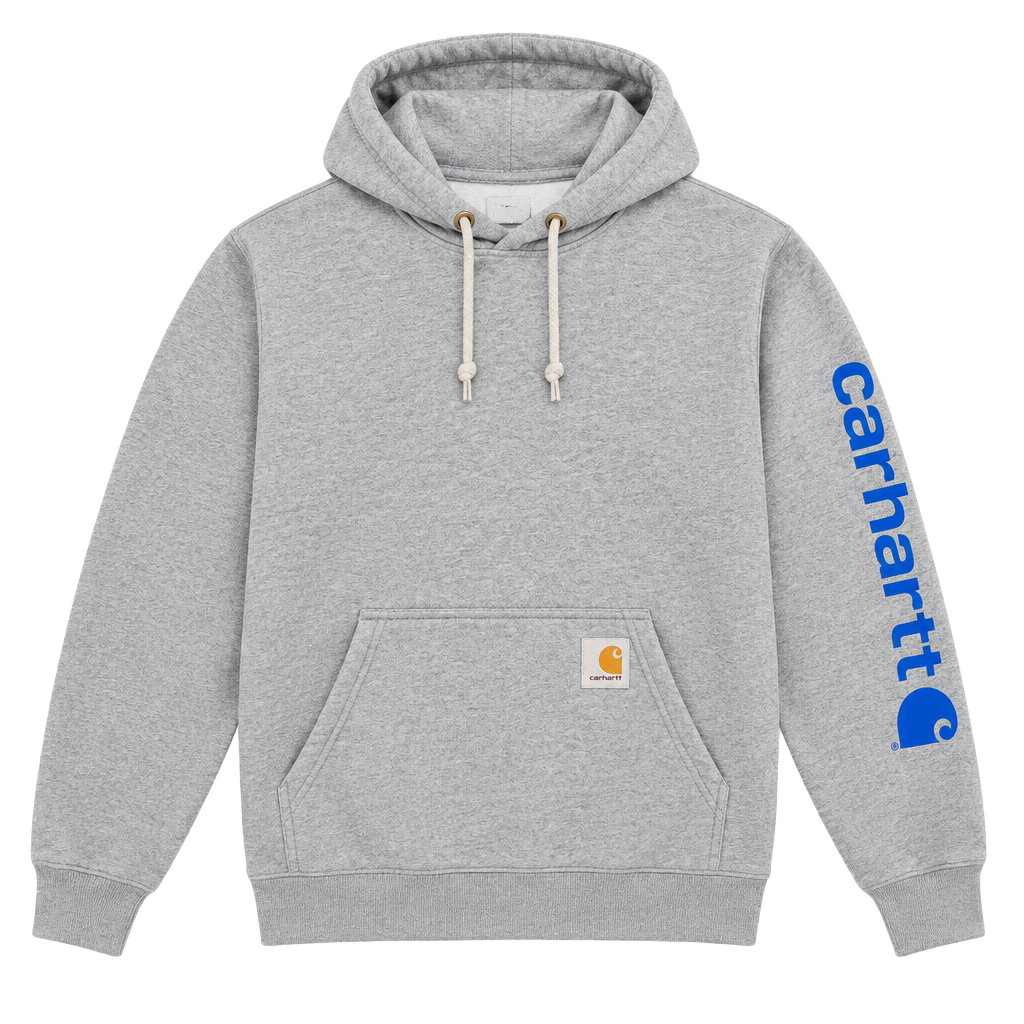 Carhartt Loose Fit Gray Pullover Hoodie Blue Sleeve Logo Sweatshirt S 1