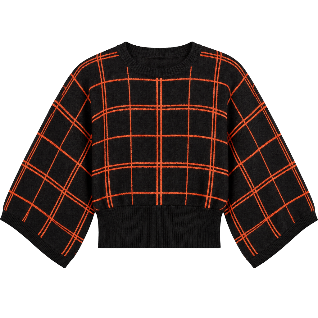 Marc New York Andrew Marc Windowpane Plaid Batwing Sweater L Black Orange 1