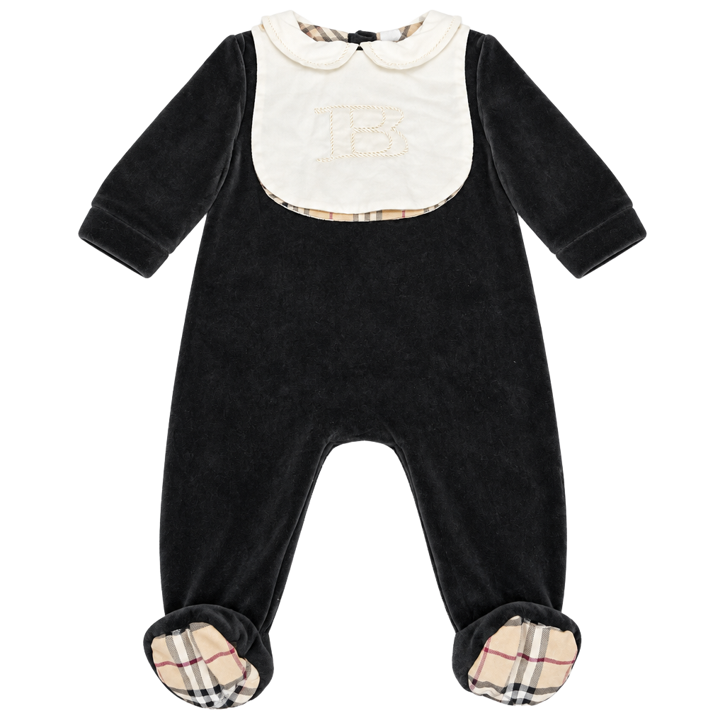 Burberry One Piece with Snap-On Bib Size 6M Black Velour Check Collar 1