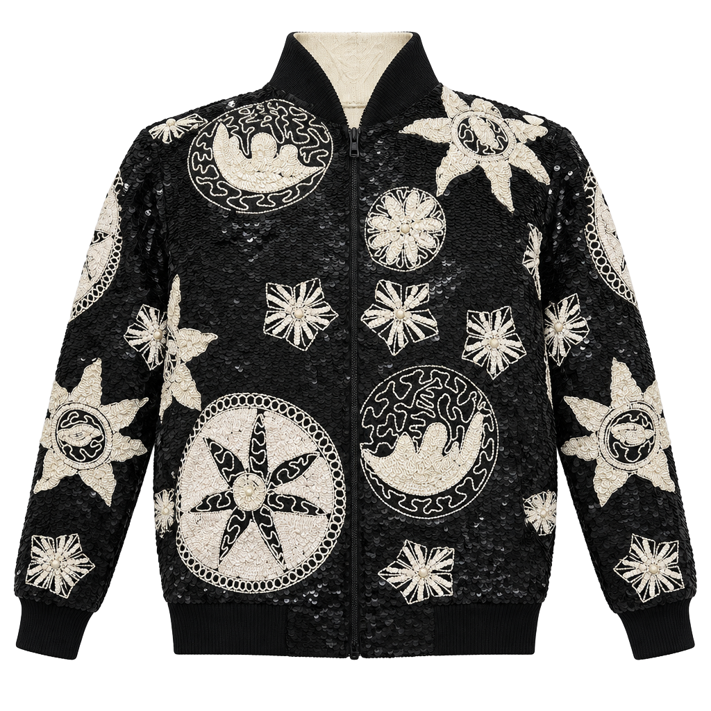 French Collezioni Sequin Bomber Jacket Size XL Black White Sun Moon Stars 1