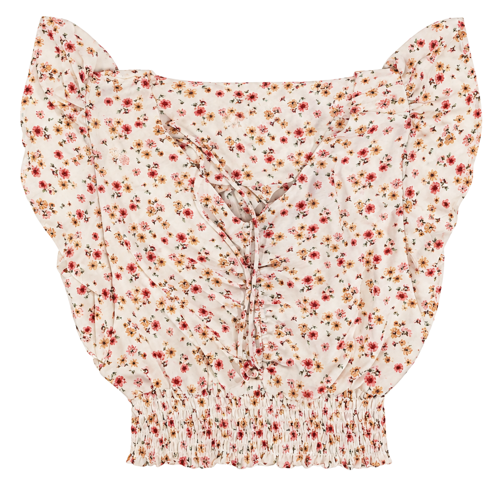 Monteau Floral Top Size M Cream Pink Short Sleeve Ruched Smocked 1