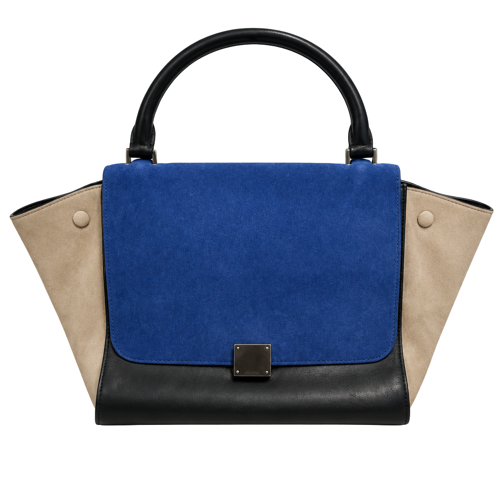 FLAWED - Celine Medium Tricolor Trapeze Bag Blue Black Beige Suede Leather 1