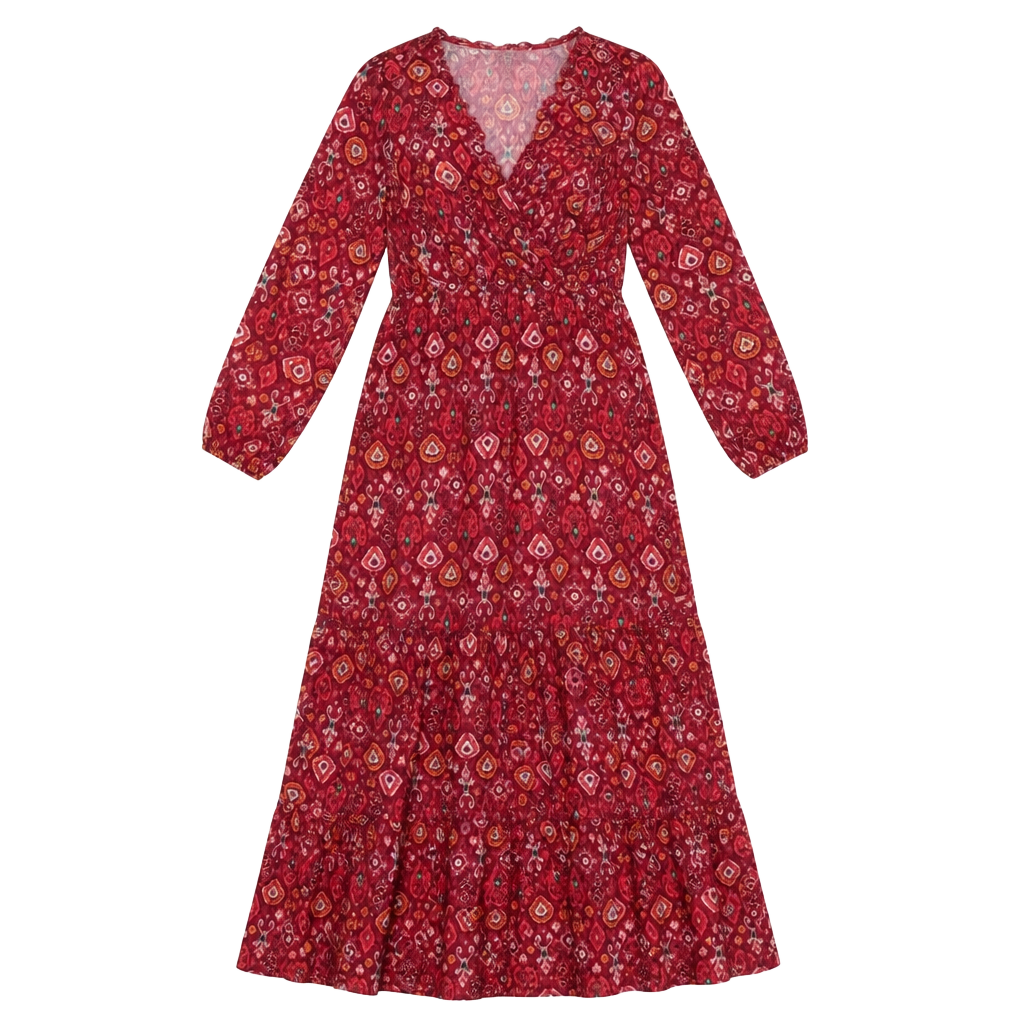 Zara Printed Long Sleeve V-Neck Ruffle Midi Dress Size M 1