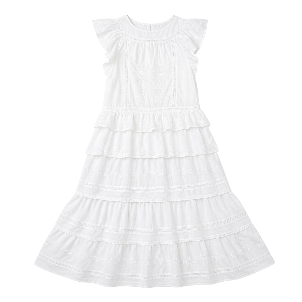 White Tiered Embroidered Midi Dress with Ruffle Sleeves 1