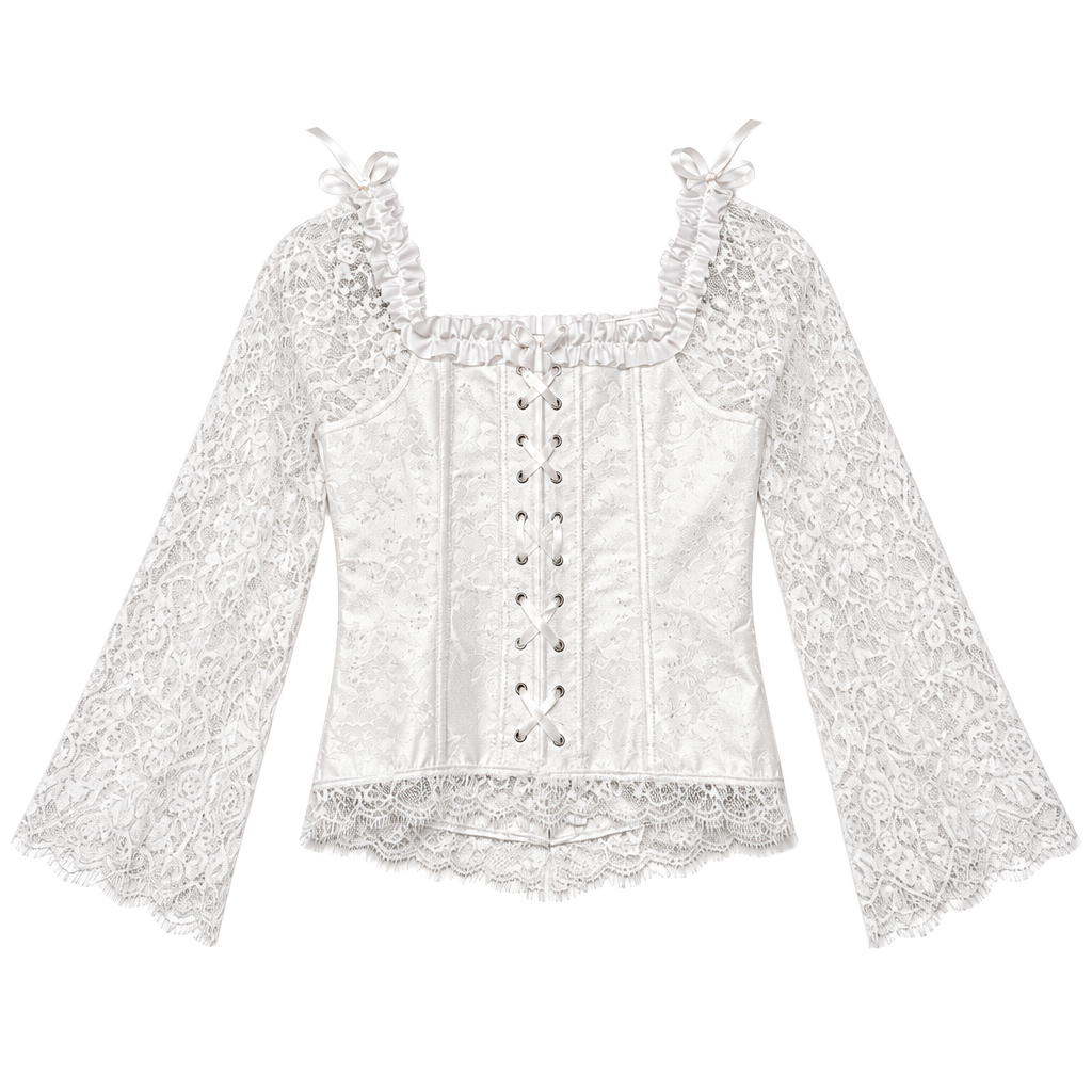 White Lace Corset Top With Long Bell Sleeves 1