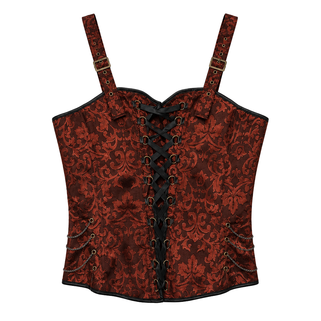 Red Brocade Corset Top with Chains and Straps 1