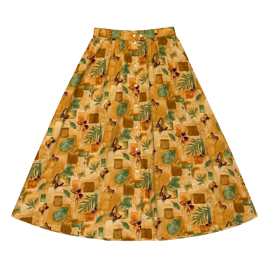 Vintage Butterfly Leaf Print Button Front Midi Skirt 1