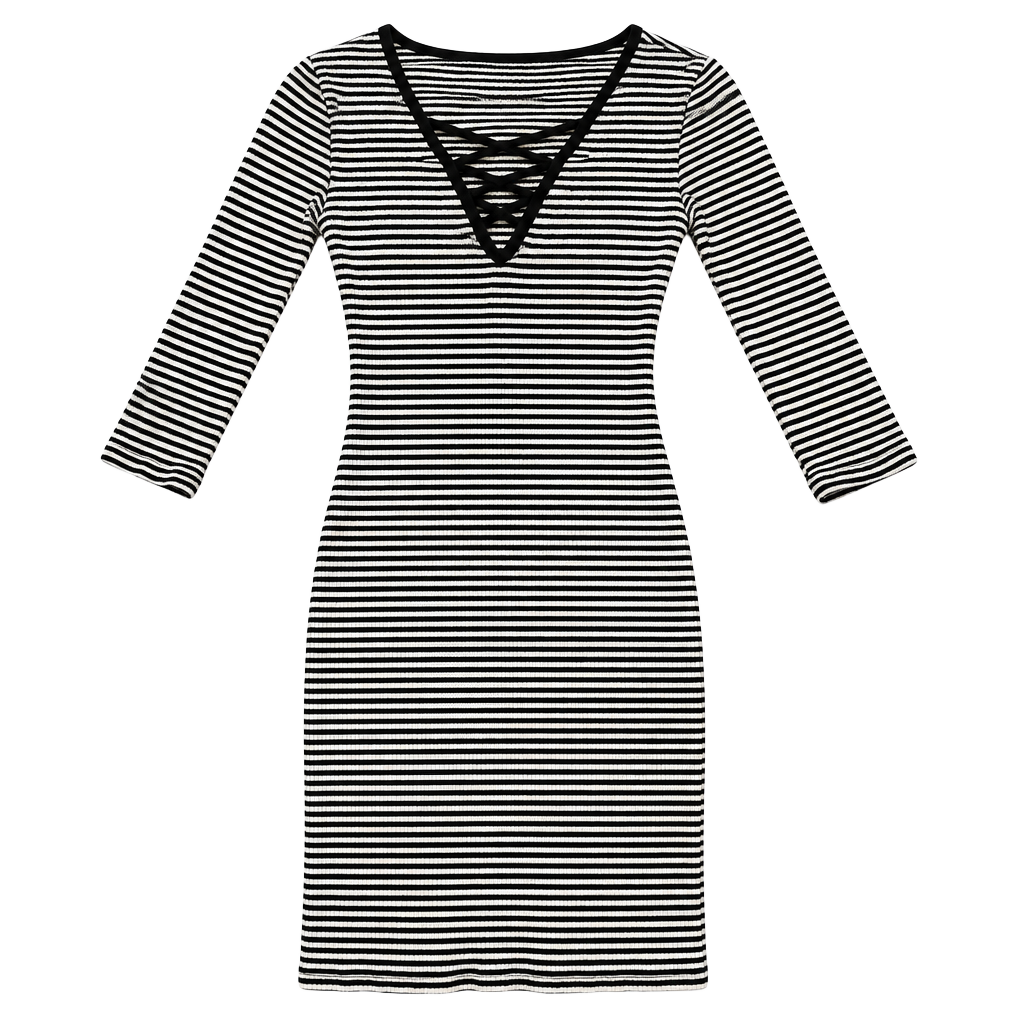 Full Tilt Striped Dress Size XS Lace Up Front Long Sleeve Black White 1