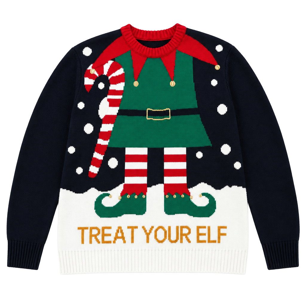 Divided Ugly Christmas Sweater Treat Your Elf Navy Blue 1