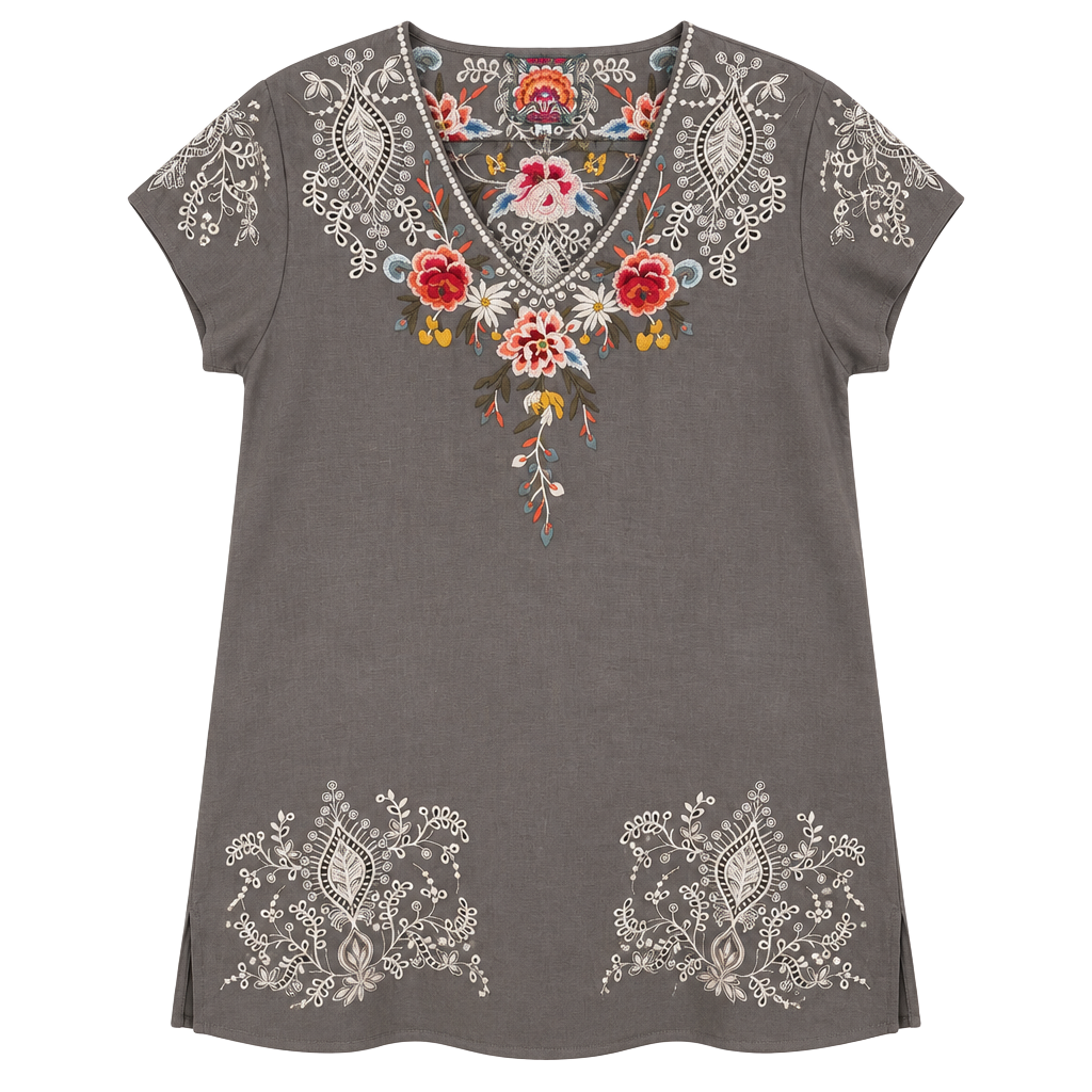 Johnny Was Embroidered Linen Tunic Dress Size L Gray Eyelet Boho Western 1