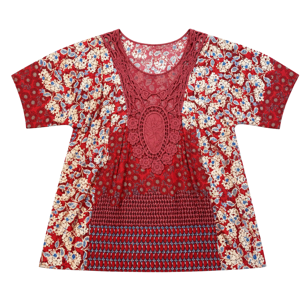 Johnny Was 1X Red Floral Patchwork Print Silk Top with Crochet Neckline 1