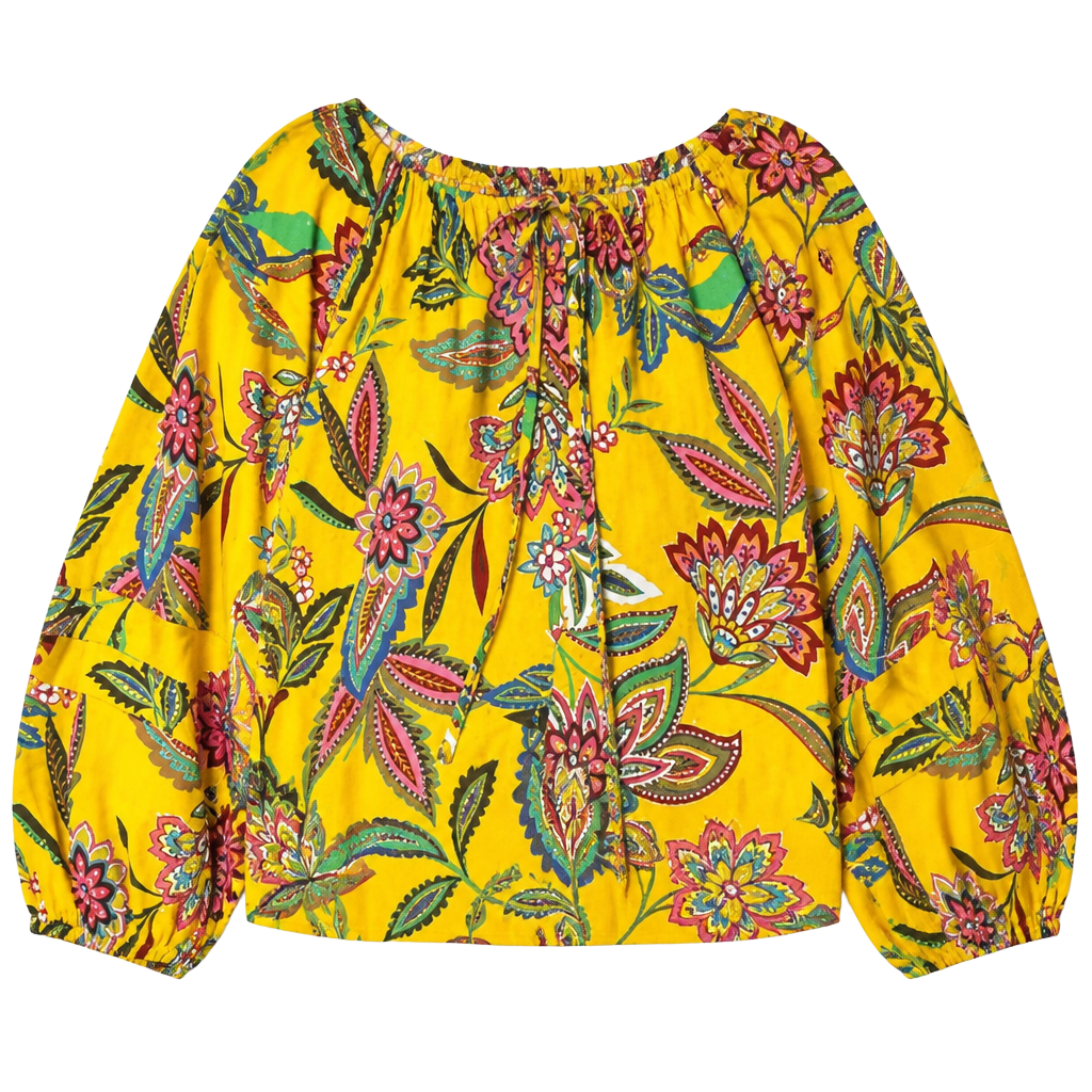 Johnny Was Anka Boho Peasant Top Size XS Yellow Floral Silk Blouse 1