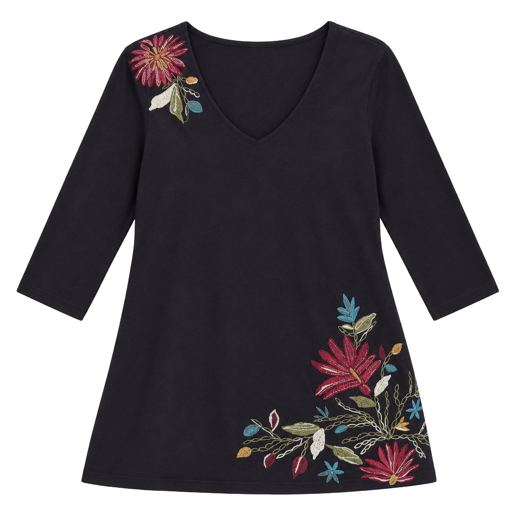 Johnny Was JWLA Embroidered Tunic Size M Black Floral Boho Western Dark Romance 1