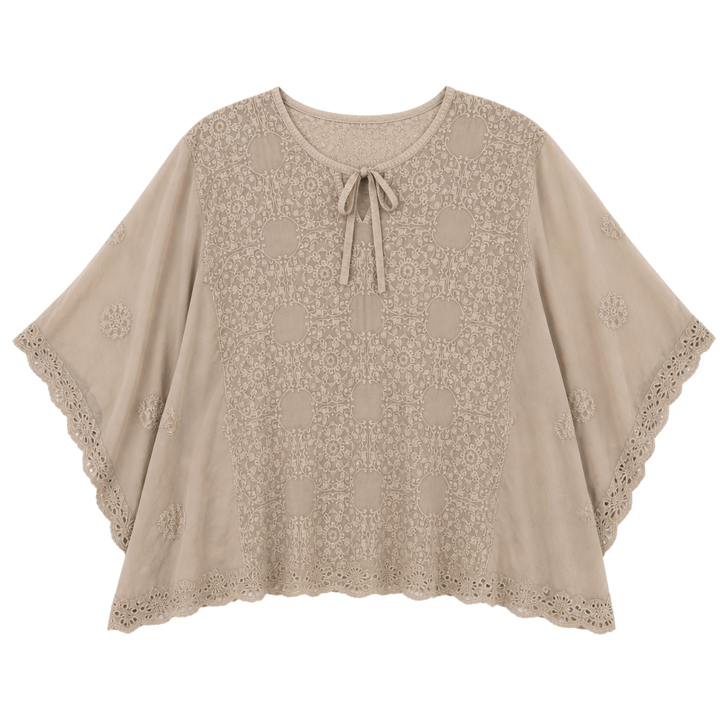 Johnny Was Dakota Embroidered Tie Neck Poncho Top Size S Taupe Boho Eyelet 1