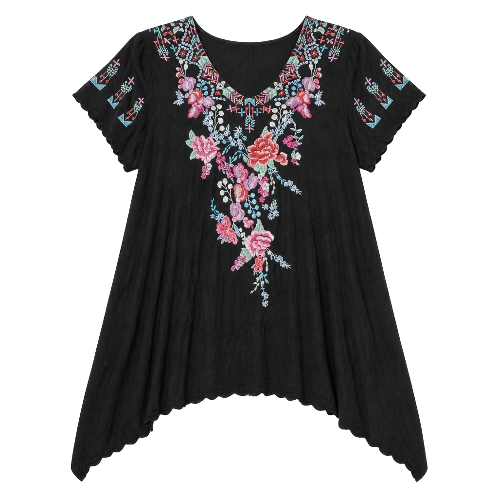 Johnny Was Hinga Black Embroidered Handkerchief Hem Tunic Top Small Boho 1