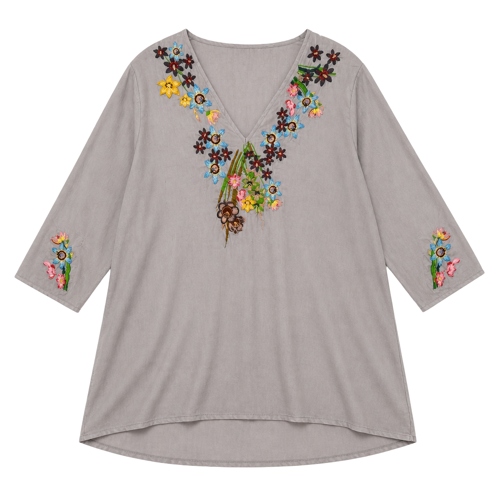 Johnny Was Grey Silk Embroidered Tunic Size S Floral V-Neck NWT 1
