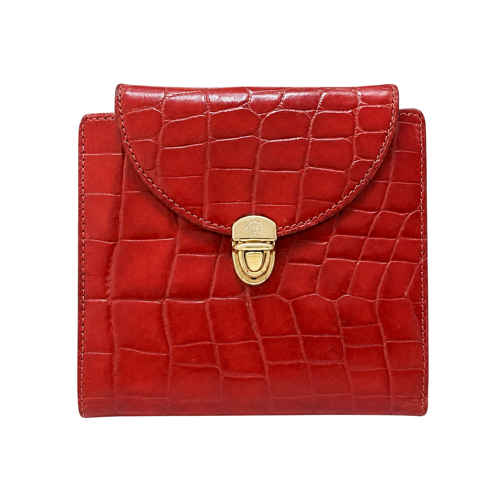 Gianni Versace Vintage Red Croc Embossed Leather Bifold Wallet Gold Medusa Clasp 1