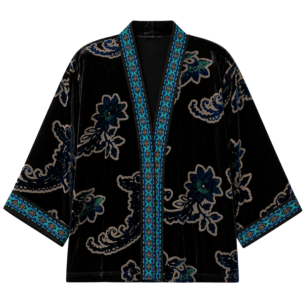 Johnny Was Merham Monade Burnout Velvet Kimono Size S Navy Floral NWT 1