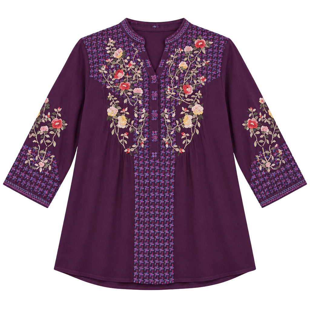 Johnny Was Embroidered Tunic Blouse Size S Plum Purple Floral Boho Dark Romance 1