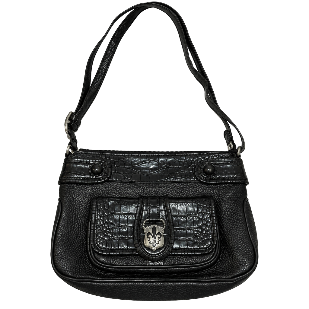 Brighton Black Leather Croc Trim Fleur-de-Lis Shoulder Bag 1