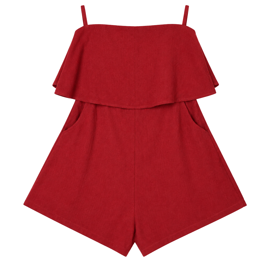 Selfie Leslie Strapless Romper Size M Red Ruffle Overlay Pocket Zip 1