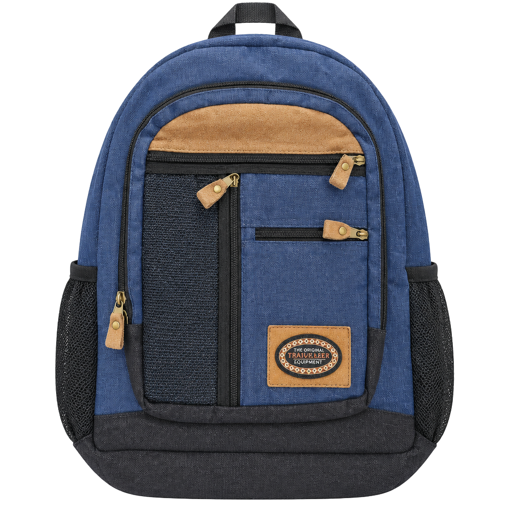 Trailmaker Equipment Blue Canvas Backpack With Leather Trim 1