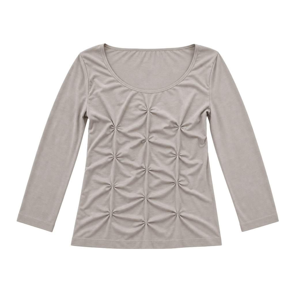 P-Luca Milano Tan Ruching Patterned Long Sleeve Scoop Neck Top 1