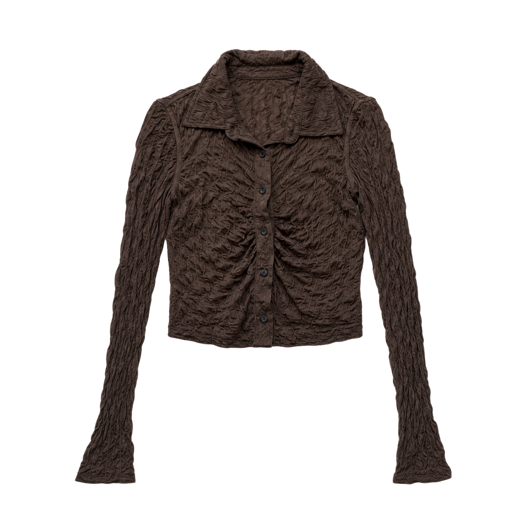 Versona Brown Textured Mesh Long Sleeve Button Up Collared Top 1