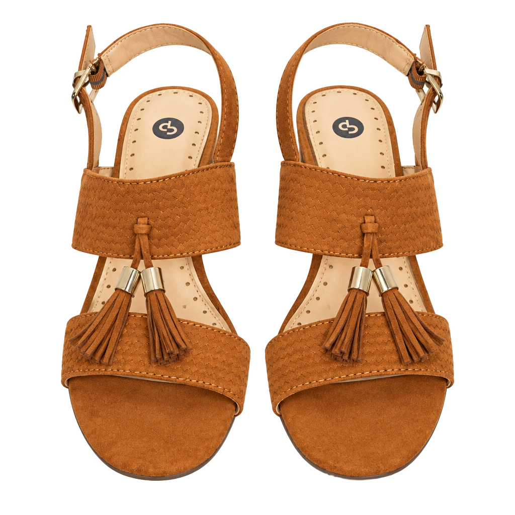 Gabby Block Heel Sandals Brown Faux Suede Tassel 1