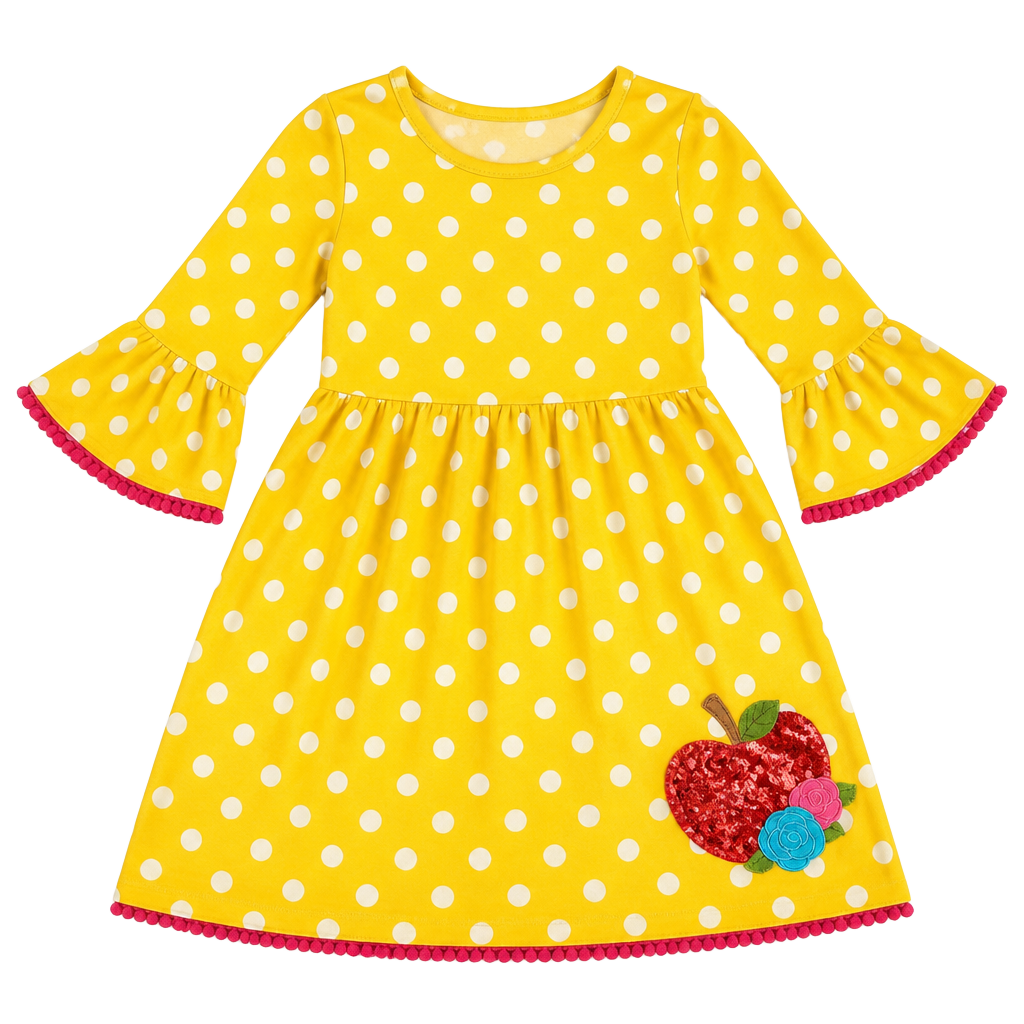 Rare Editions Girls Yellow Polka Dot Bell Sleeve Apple Sequin Dress 4T 1