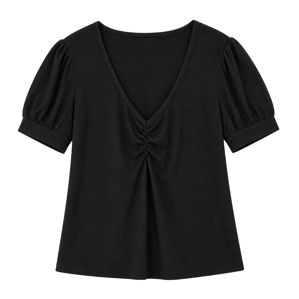 The Drop Black Ribbed Ruched Puff-Sleeve Top 1