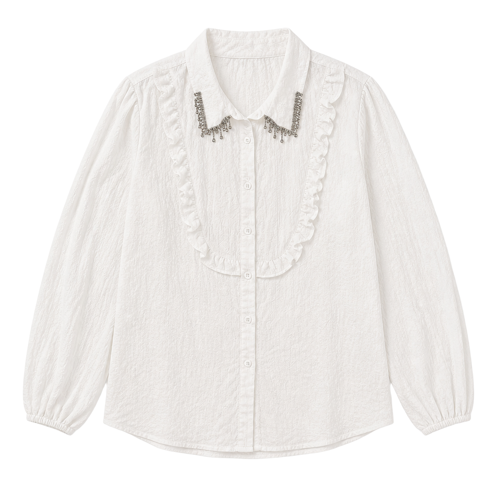 Alice Blue White Textured Button Down Blouse with Rhinestone Collar and Ruffles 1