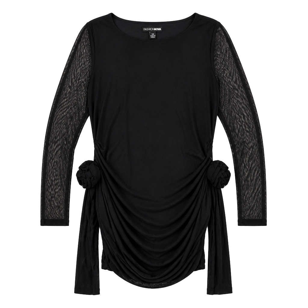 Fashion Nova Ruched Rosette Long Sleeve Mini Dress Black 1X 1