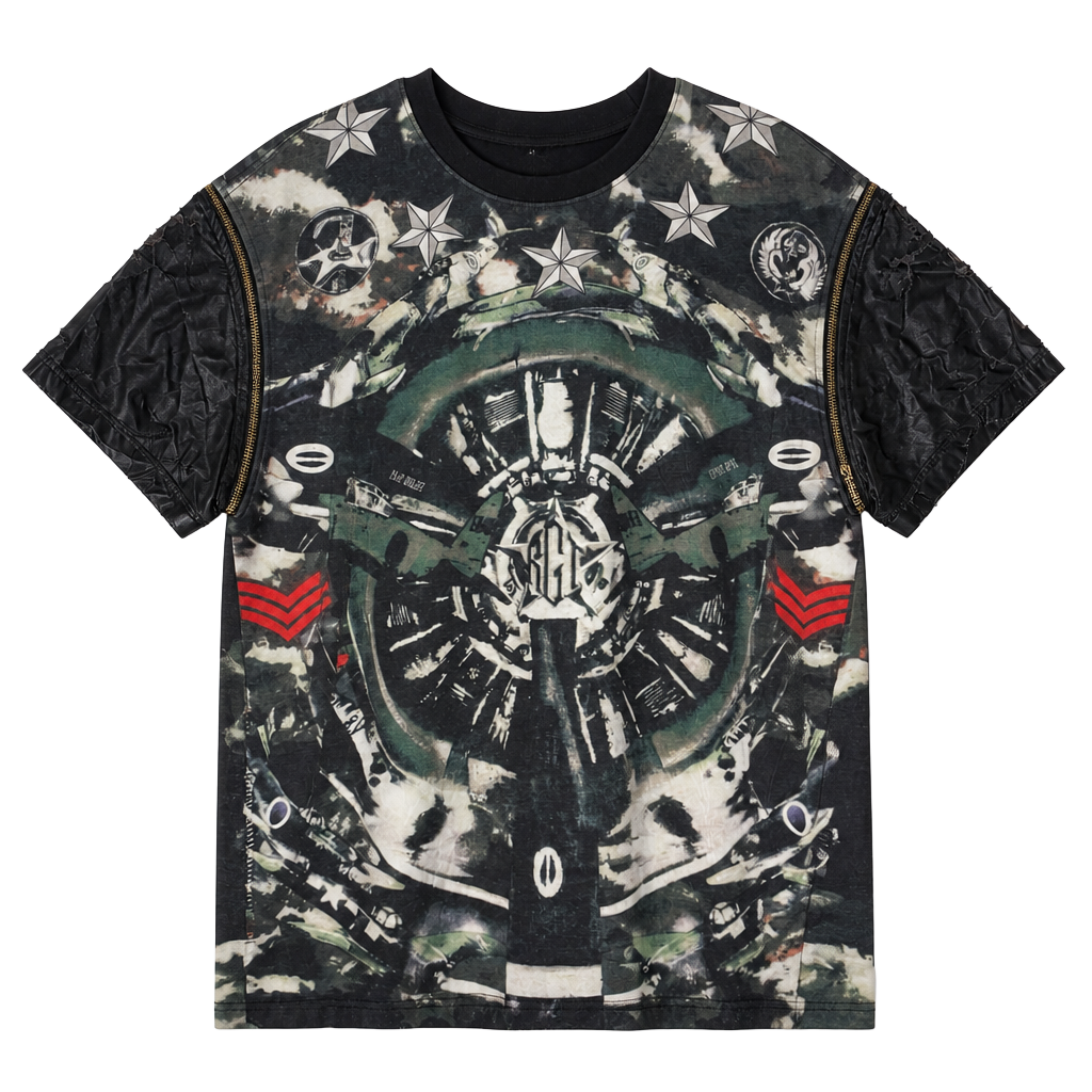 Hudson NYC Men's Graphic T-Shirt with Zipper Faux Leather Sleeves Size 2XL 1