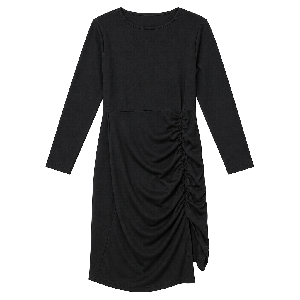 SHEIN Curve Ruched Midi Dress Black 1XL Long Sleeve Ribbed 1