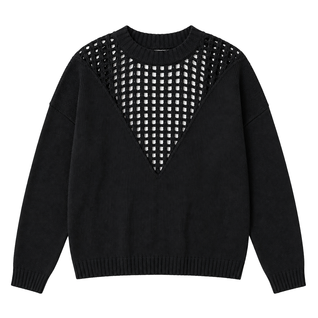 Mika & Gala Black Open-Knit V-Back Sweater 1
