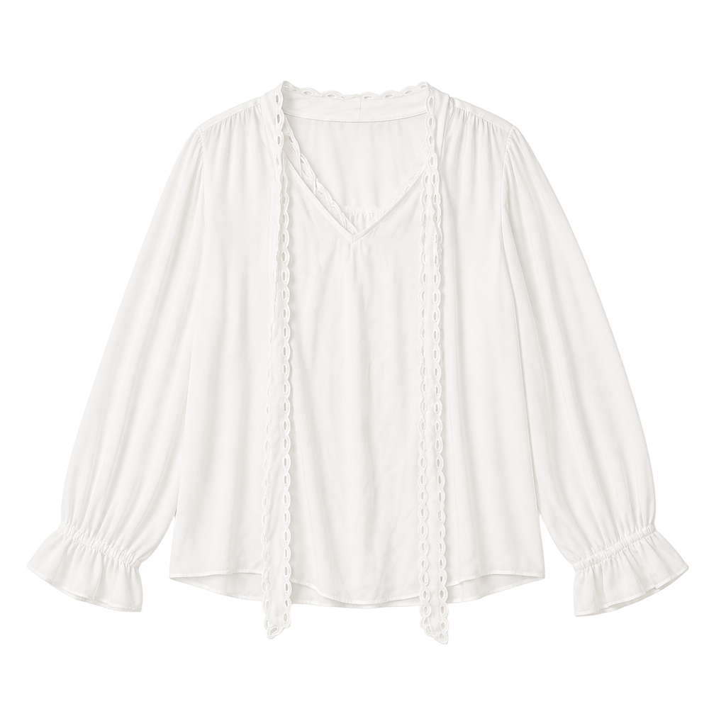 LC Lauren Conrad White Long Sleeve Blouse with Eyelet Trim and Ruffle Cuffs 1