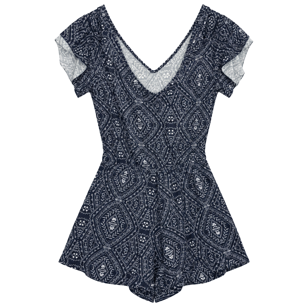 Derek Heart Cold Shoulder Printed Romper Blue White 1