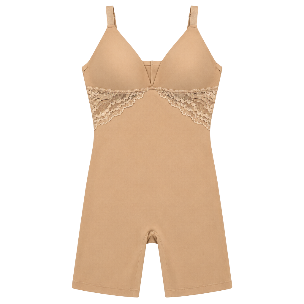 Real Shapewear Bodysuit Size L Tan Lace Trim Mid-Thigh 1