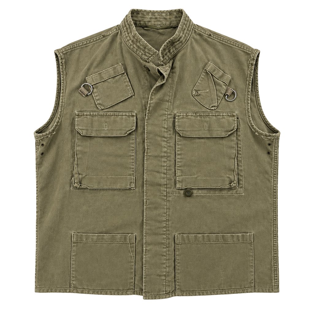 Vintage 90s Olive Military Utility Vest XL Multi Pocket D Ring Distressed 1