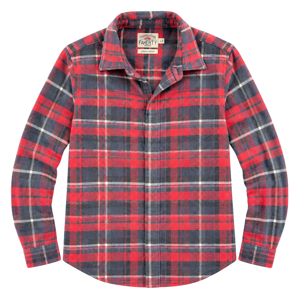 Faherty Brand Plaid Flannel Shirt Size L Red Navy Organic Cotton 1