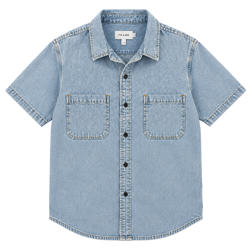 NWT FRAME Rosette Sleeve Shirt Dress Size L Blue Denim Dress 1