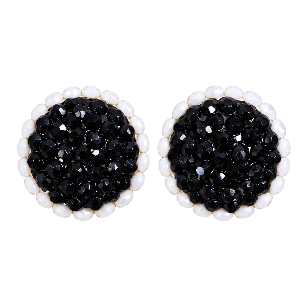 Vintage Black Rhinestone and White Bead Clip-On Earrings 1