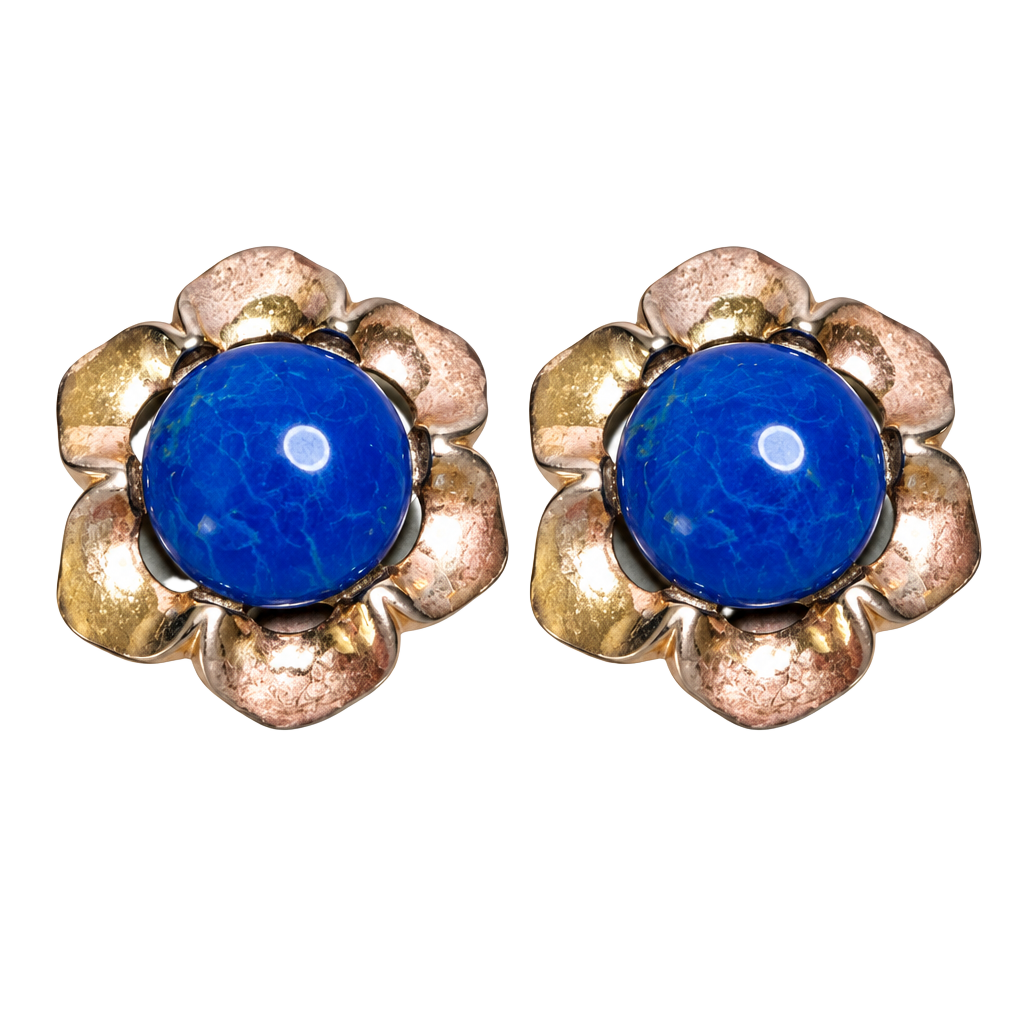 Vintage Flower Clip-On Earrings Blue Cabochon Gold Tone 1