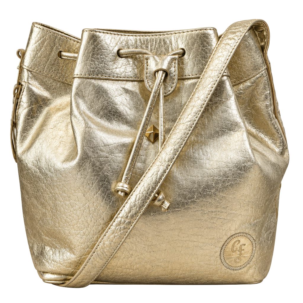 Carlos Falchi Metallic Gold Leather Drawstring Bucket Bag 1