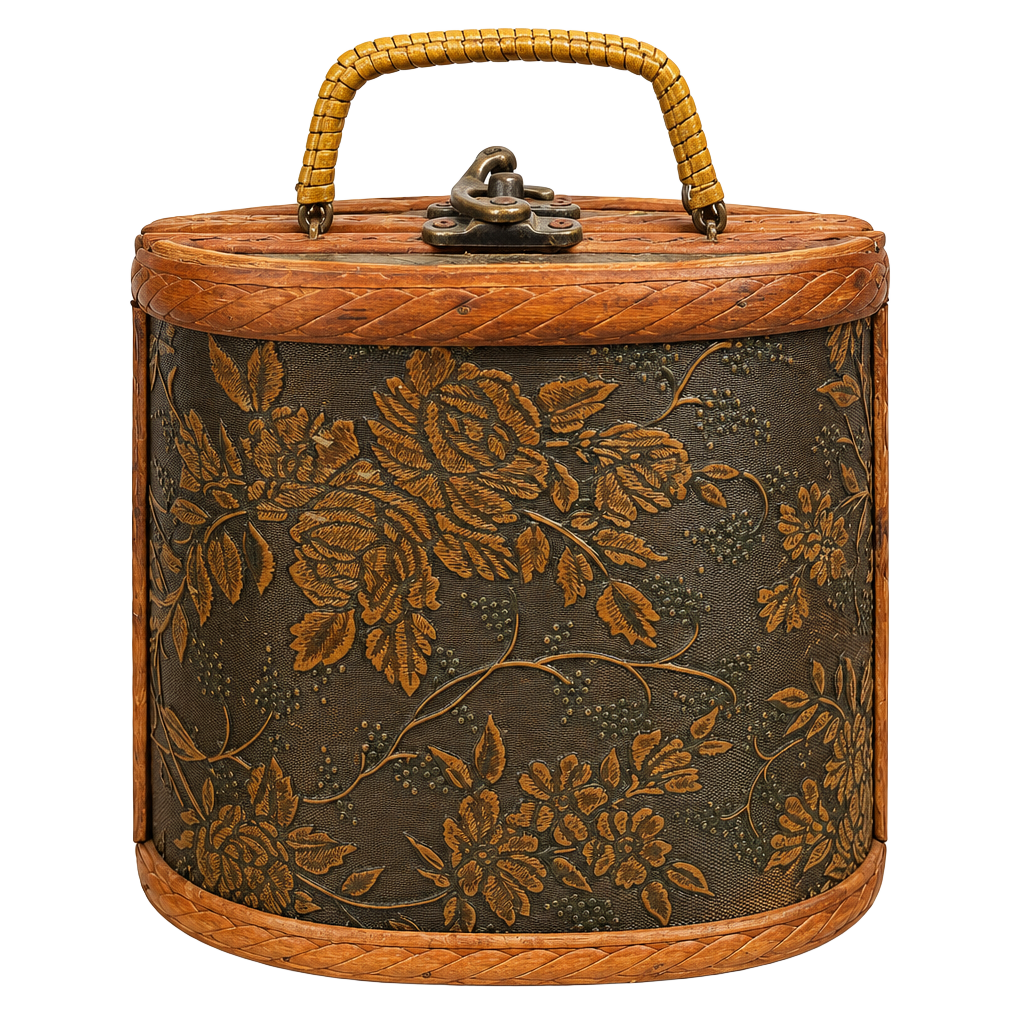 Vintage Wooden Handbag Floral Embossed Purse Rattan Wrapped Handle 1