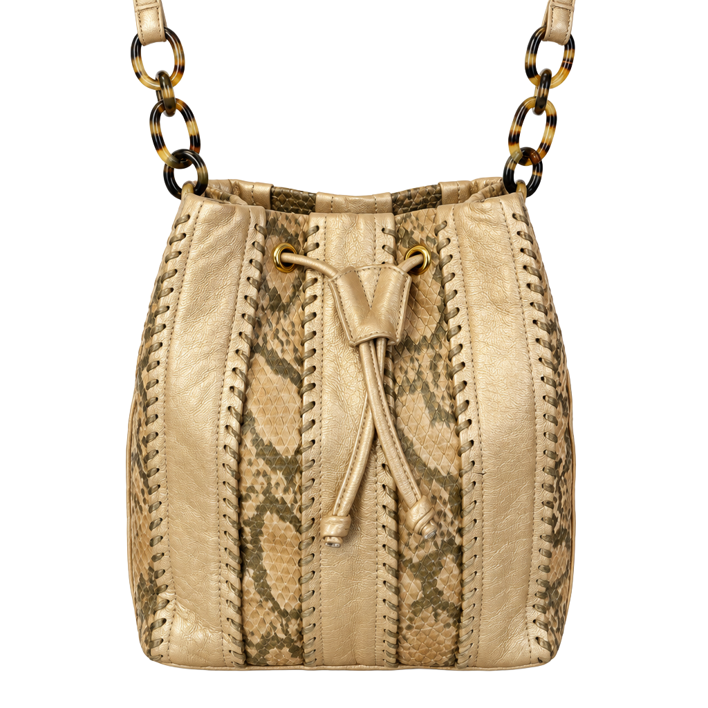 Sharif Python Print Metallic Gold Leather Drawstring Bucket Bag 1