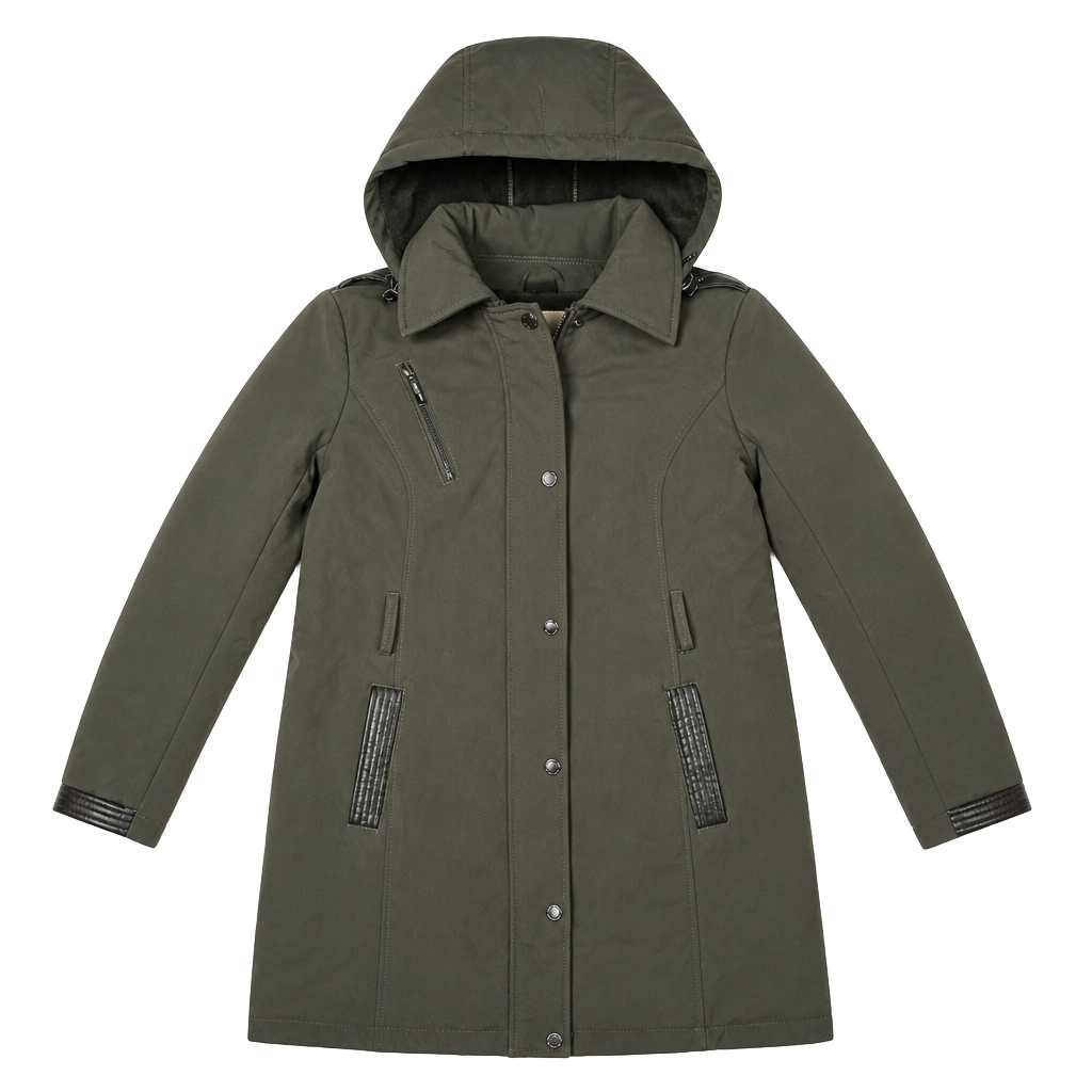 Michael Kors Olive Green Hooded Softshell Coat with Faux Leather Trim 1